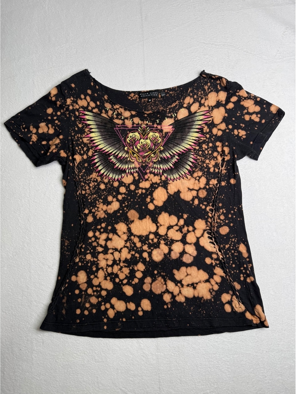 Black Label Affliction Women’s M Bleach Splatter Winged Heart Cutout Tee Y2K